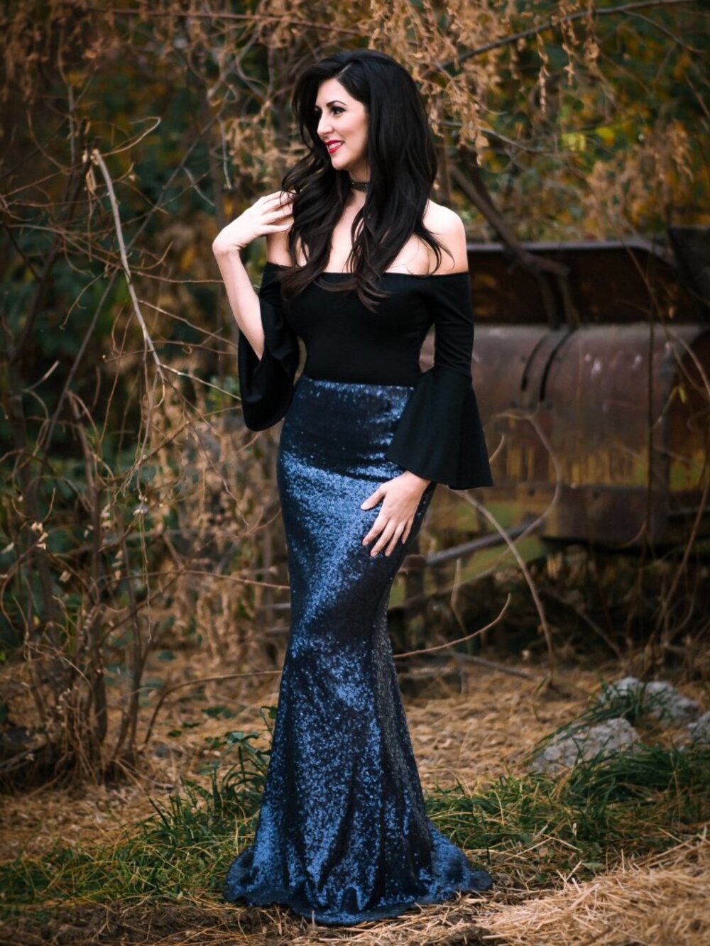Glitter Fox Stretch Sequin Trumpet Maxi Skirt - Matte Navy